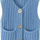 Women Crochet Knit Sweater Vest Button Up Cropped Casual Sleeveless Vest Fashion Vintage Cardigan with Pocket, Size XL