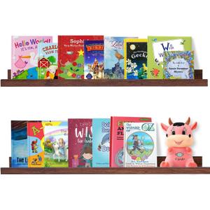 AZSKY Floating Picture Ledge 36 Inch Wall Mount Floating Shelves Long Wood Floating Book Shelves for Kids Room Wall Shelves for Bathroom Decor Deep Walnut Set of 2