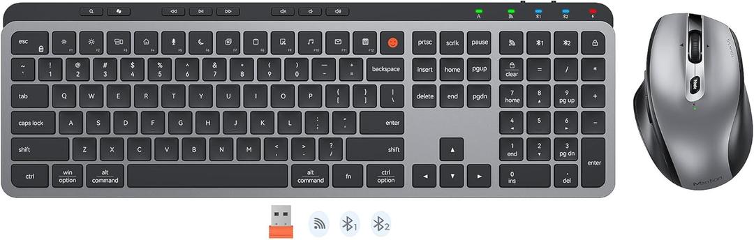 MEETION New Wireless Bluetooth Keyboard and Mouse, Dual Bluetooth and USB Full Size Rechargeable Keyboard with 4 DPI Ergonomic Mouse for Laptop/PC/Computer/iPad, Mac/Windows, C9990 Black Gray
