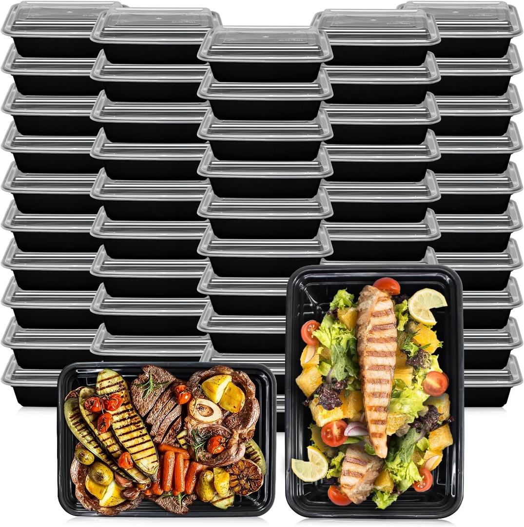 Klex 32 Oz, 50 Sets Meal Prep Containers with Airtight Lids, BPA Free, Reusable Plastic Food Container, 32 oz, Rectangular, Black/Clear, 50 Sets