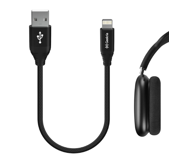 GEEKRIA USB Headphones Charger Cable Compatible with Apple AirPods Max/Pro, Beats Solo Pro, Powerbeats Pro, MFi Certified USB to Lightning Replacement Power Charging Cord (1ft/30cm)