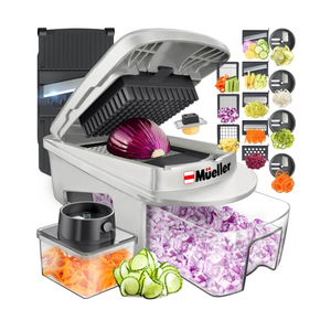 Mueller Pro-Series All-in-One, 12 Blade Mandoline Slicer for Kitchen, Food Chopper, Vegetable Slicer and Spiralizer, Cutter, Dicer, Grater, Kitchen Gadgets Sets with Container, White Sand/Gray