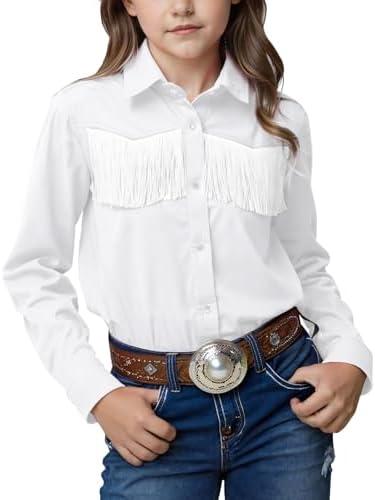 Noomelfish Girls Fringe Snap Button Down Western Shirt Cowgirl Long Sleeve Blouse Tops (5-12 Years) L