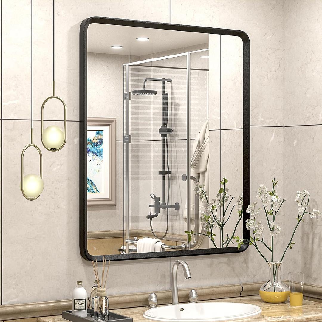 30x36 Black Bathroom Mirror, Black Matte Metal Framed Vanity Mirror, Rounded Rectangle Mirror, Anti-Rust, Shatterproof (Horizontal/Vertical)