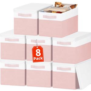 Large Closet Organizer Bins with Lids 8 Pack - Pink Storage Baskets for Shelves Nursery Bedroom Dorm RV - Stackable Decorative Closet Organization Box with Handles for Clothes Purse Blanket Towel