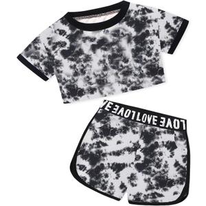 Betusline Girls Summer 2 Piece Outfits,Kids Short Sleeve Crop Top & Shorts Set with Side Pockets (Black)
