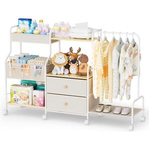 BBLIKE Diaper Caddy Organizer with Hanging Rack - 3 Tier Rolling Utility Cart with Drawers and Dividers for Baby Bottle Storage - Bedside Cart for Changing Station, Crib, Nursery, Bedroom, Beige, 48.8"*11.81"*31.5"