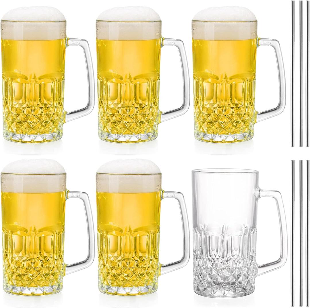 Frcctre 6 Pack 16 Oz Glass Beer Mug, Large Beer Glasses Steins with Handle and Stainless Steel Straws, Crystal Lead-Free Drinking Glasses Water Cups for Beer, Juice, Beverage, Bar