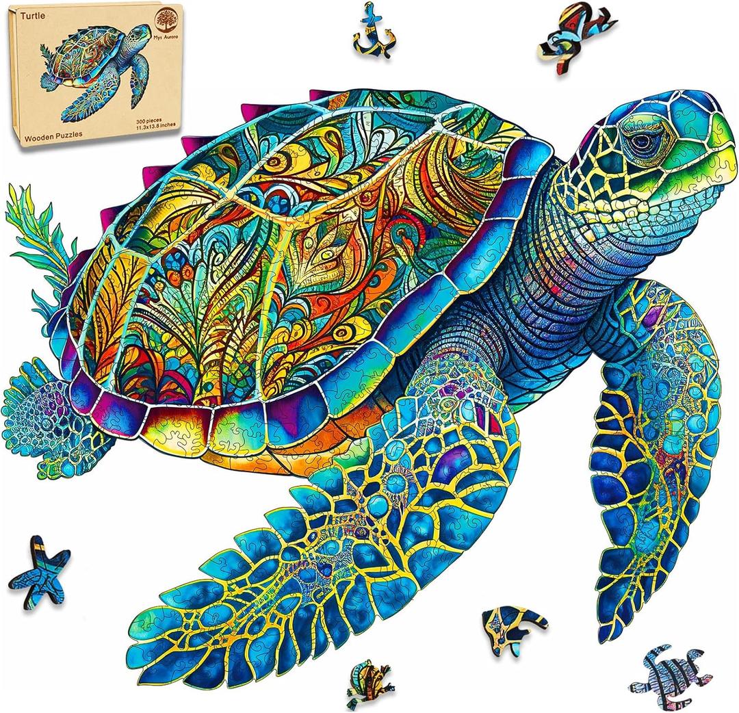 MYS Aurora Wooden Puzzles, Sea Turtle Jigsaw Puzzles 300 Pieces, 5MM Unique Shaped Wooden Puzzle for Adults and Kids, Family Game 11.3 x 13.8 Inch