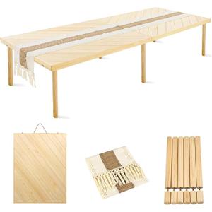 Folding Picnic Table with Table Runner, Portable Boho Low Picnic Table for Indoor Outdoor, 80" x 30" Wooden Table with Adjustable Heights for Camping, Wedding, Beach, Garden, Party (Large Size for 8)