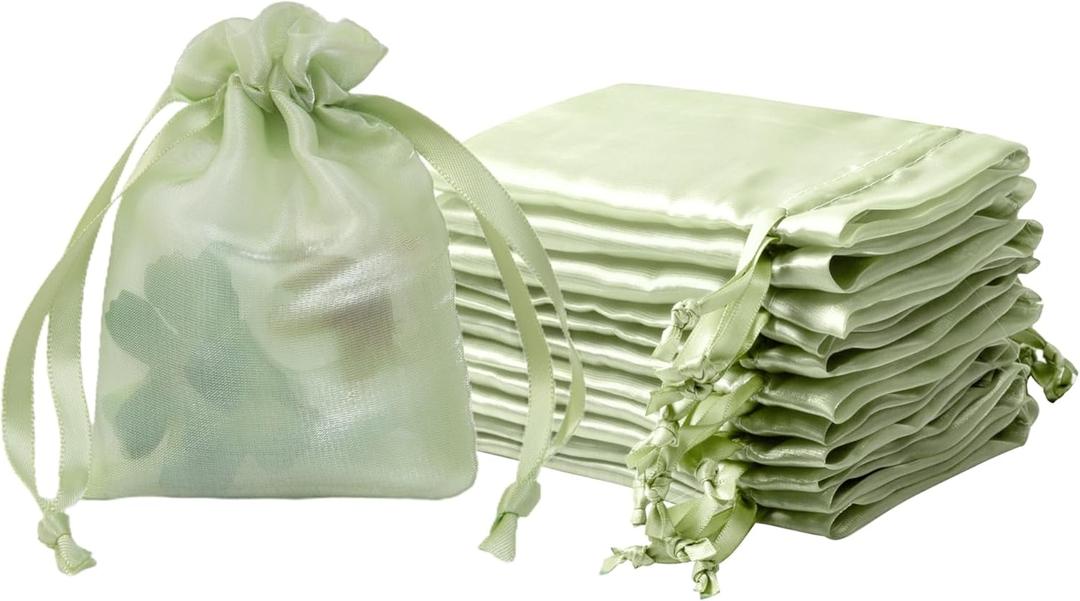 QIANF 20 Pcs Light Green Small Organza Bags 3X4 inch for Wedding Favors with Drawstring, Mini Mesh Gift Bags Jewelry Pouch for Candy Bridal Shower Party Favor Baby Shower Christmas