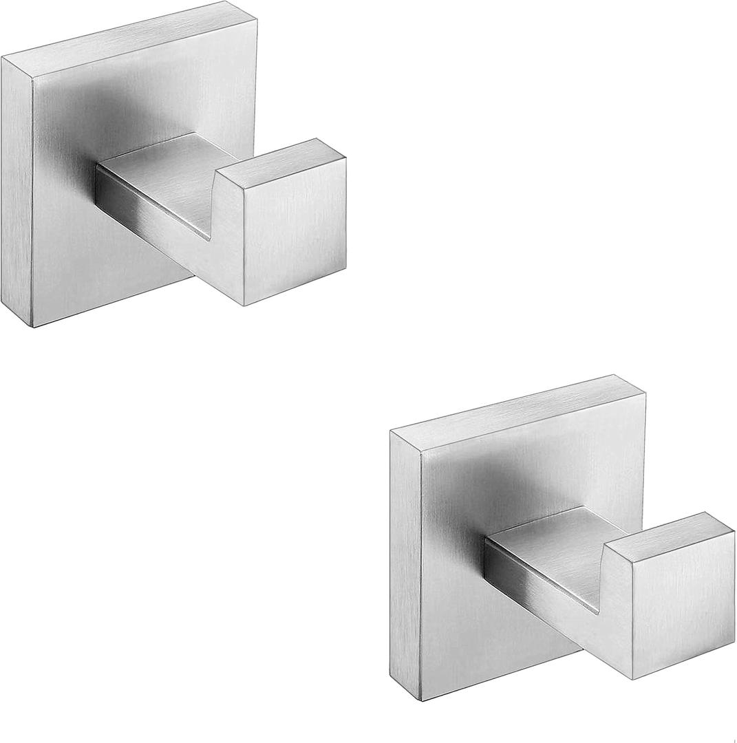 Nolimas Towel Hook Stainless Steel Bathroom Rustproof Clothes Towel Coat Hook Wall Mounted Square Toilet Kitchen, Heavy Duty Door Hanger, 2 Pack, Brushed Nickel