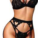 RSLOVE Women Lingerie Sets with Garter Belt 3 Piece Lace Teddy Babydoll Bodysuit (Small, Black)