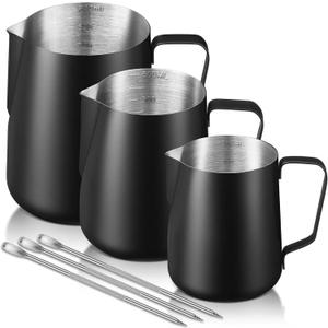 Maxdot 3 Pack Milk Frothing Pitcher 12 Oz, 20 oz and 30 oz Milk Frother Cup Stainless Steel Espresso Steaming Pitcher with Scale Frother Jug with Art Pen for Cappuccino Coffee Latte Art