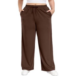 Lastshe Women's Plus Size Pants Elastic Waist Casual Wide Leg Knit Pajama Drawstring Pull On Lounge Straight Trousers (Brown, XXL)