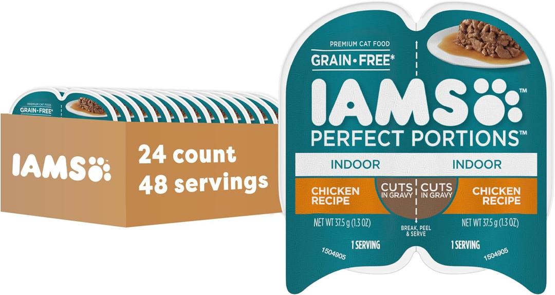IAMS Perfect Portions Grain Free Wet Cat Food, Indoor Adult Cat Food Wet Cuts in Gravy, Chicken Recipe, (24) 2.6 oz. Twin-Pack Trays (EXP 05/03/28)