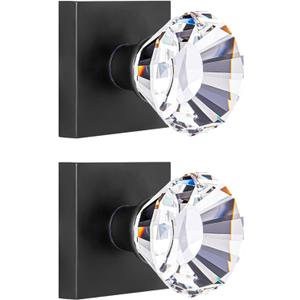 Crystal Glass Dummy Closet Hall Door Knob Interior Matte Black, Clear Diamond Dummy Door Knob Non-Turning Inactive 2 Pack