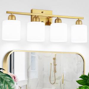 4 Light Gold Light Fixture Bathroom, Brushed Gold Vanity Light with Milky White Frosted Glass Shades, Lights for Bathroom Mirror for Living Room Bedroom Hallway E26 Base