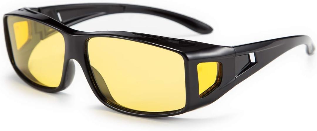 FEISEDY Men Women Night Driving Glasses Fit over Glasses Anti-Glare Polarized Wrap Yellow Sunglasses Over Glasses B2593 (Black Frame Night Vision Polarized Yellow Lenses)