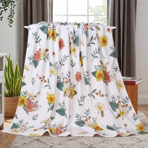 Floral Flower Throw Blanket Bee Flannel Fleece Throw Blanket Botanical Plant Cozy Fuzzy Plush Throw Blankets for Bed Chair Couch 50" X 60"