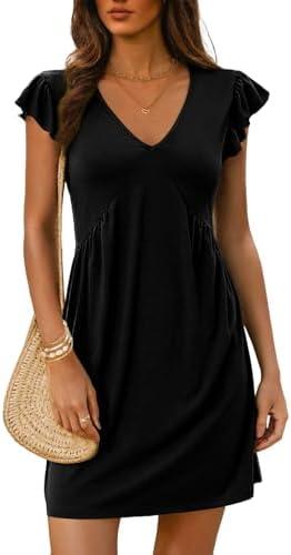 Dokotoo Women's Summer Dresses Beach 2025 Casual Deep V Neck Loose Sundress Ruffle Sleeve Mini Dress M