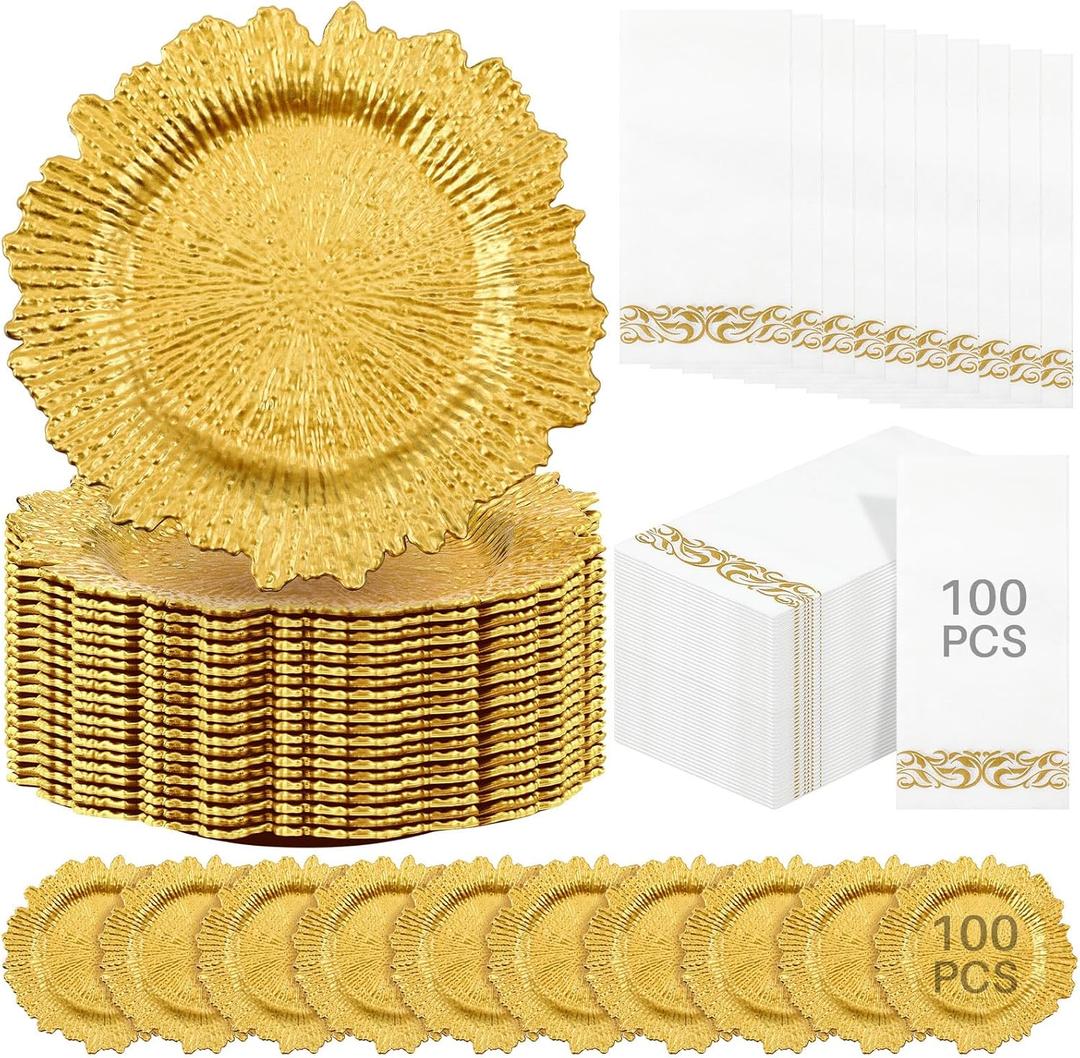 Nitial 100 Set Reef Charger Plate Set Bulk 100 Pcs 13" Plastic Plate Chargers Matte Ruffled Rim Charger with 100 Pcs Paper Napkins Disposable Guest Towel for Table Setting Wedding Party(Gold)