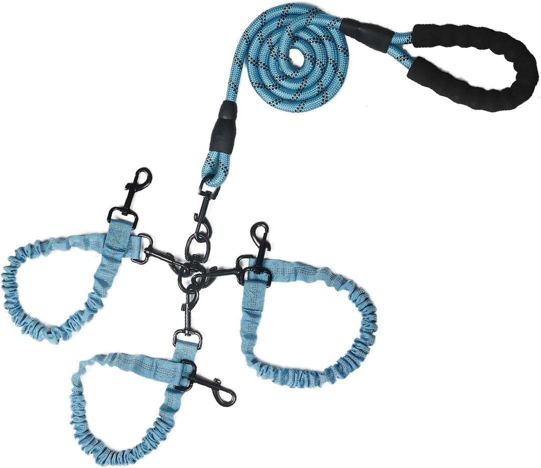 Dog Double Leashes,Rope Bungee Three Leash with Padded Handle Removable for 3 Dogs,Tangle-Free, Padded Handles, 360 Swivel Control (Blue, 3 Way)