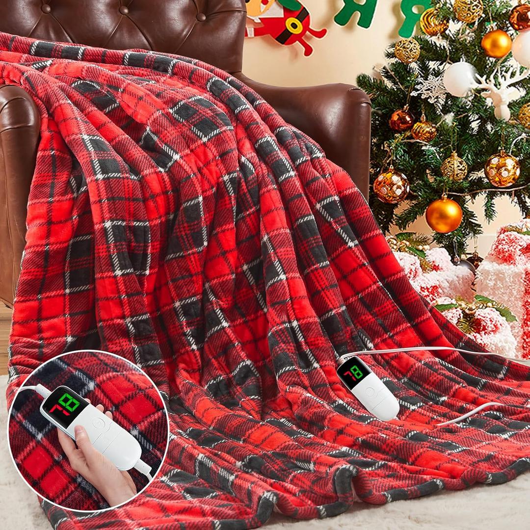 OCTROT Red Christmas Heated Blanket Electric Throw 50X60, Heating Throw Gift with 10 Heating Levels & 8 Hours Auto Off, Plaid Checkered Sherpa Blanket Warmer for Adults, Couch Bed Office Use