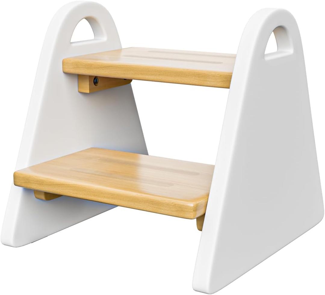 Toddler Step Stool, Wooden Step Stools for Kids, Kids Potty Training Stool with Handles, Rounded Corners Child Stepping Stool for Bathroom Sink, Kitchen, Bedroom (White)