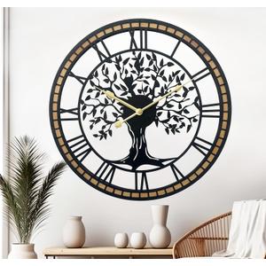 Large Wall Clock for Living Room Decor 18 Inch Tree of Life Metal Wall Art - Oversized Non-Ticking Battery Operated Silent Clock for Kitchen/Bedroom Home Decor (Roman Numeral)