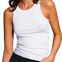 Artfish Women's Sleeveless Full Length Ribbed Fitted Racerback Workout Crew High Neck Basic Tank Top (White), Small