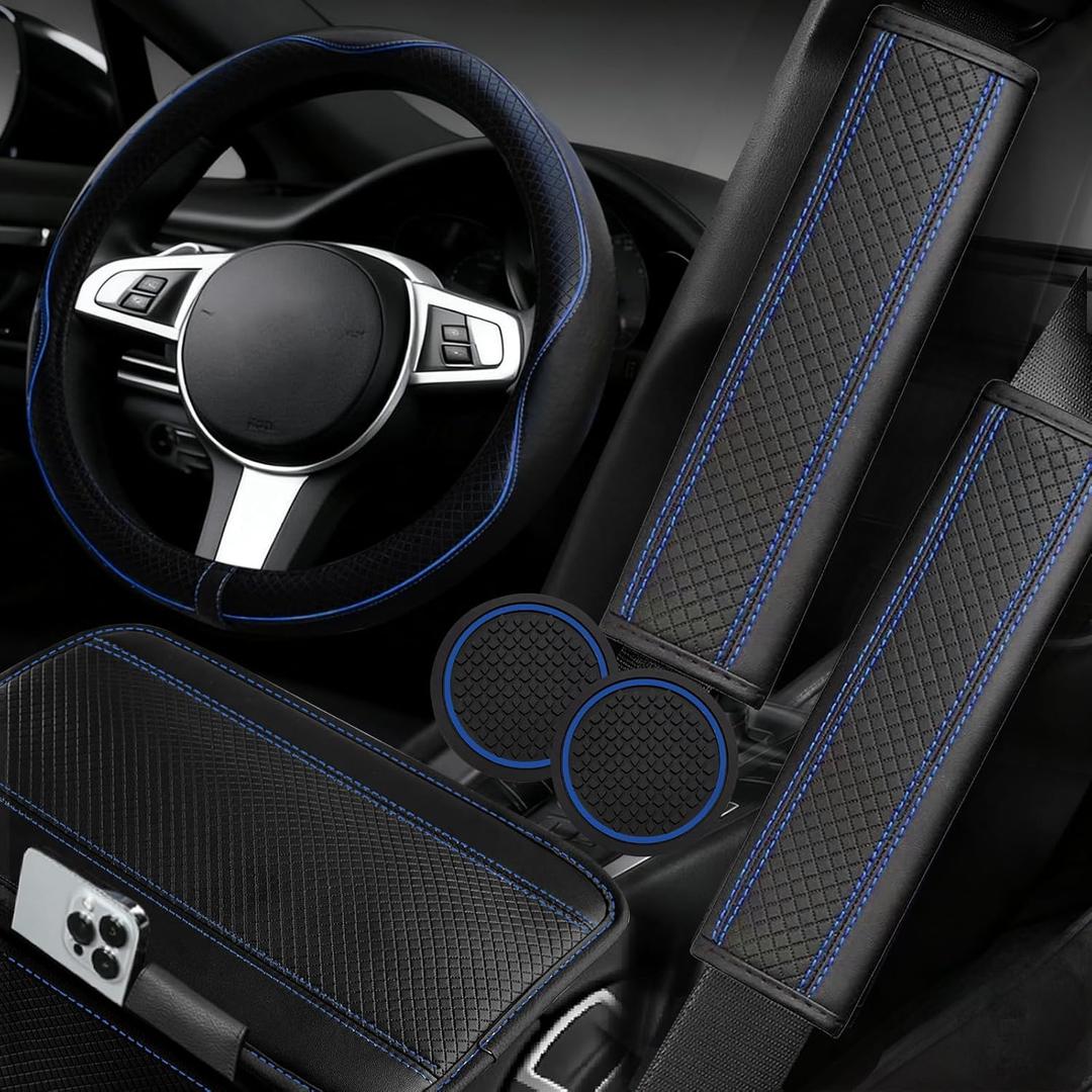 NBTEPEM 6 PCS Car Steering Wheel Cover Set, Microfiber Leather Steering Wheel Covers Universal 14.5-15 inch, Center Console Cover, Seat Belt Cushion, Cup Holder Coaster, Car Accessories Set Blue (Black with blue)