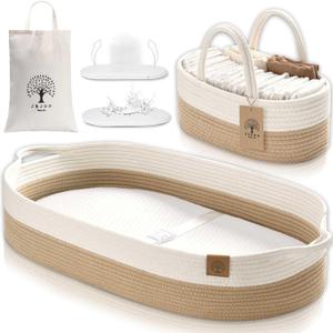 J&JOO Baby Changing Basket includes Diaper Caddy - Breathable & Waterproof Dual-Cover, Portable, Changing Pad for Dresser & Changing Table, Gift for Baby Shower, Cotton Rope Basket for Baby (Caddy Set, Brown & White)