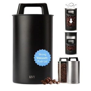 KIVY Vacuum Coffee Canister - Push Lid Preserves Coffee Aroma & Oil - Stainless Steel Airtight Coffee Canister - Container for Ground & Coffee Bean Storage - Coffee Storage Jar - Removes Excess Air