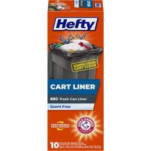 Hefty Cart Liner Trash Bags, 65 Gallon, 10 Bags (Scent Free, ARM & HAMMER Odor Control, Drawstring)