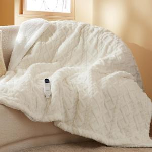 Bedsure Heated Blanket Throw - Jacquard Shaggy Sherpa Electric Blanket, Soft Heating with 6 Heating Levels & 4 Timer Settings, Warm Gift for Grandma (50x60 inches, Cream)