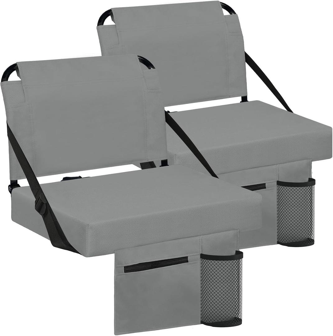Stadium Seats for Bleachers 2 Pack w/Back Support Bleacher Seat Soft Cushion Light Weight Includes Shoulder Strap & Cup Holder, Front & Back Zipper Pocket, Suitable for Sports Events,Grey