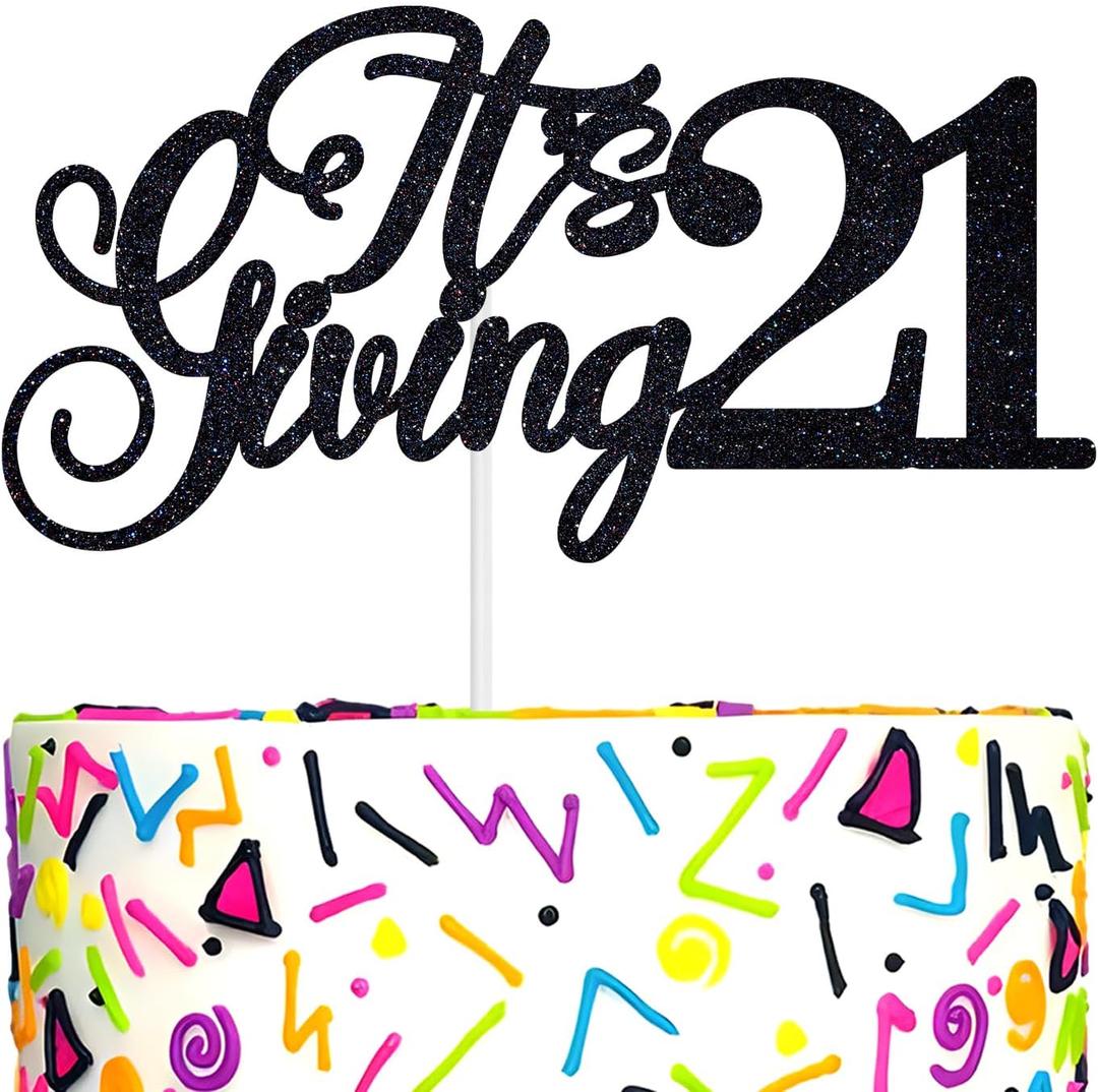 2 x It's Giving 21 Cake Topper, Bruh I'm 21, Legal AF, Death to My Teen, Funny 21st Birthday Party Decorations Supplies for Men Women, Black Glitter
