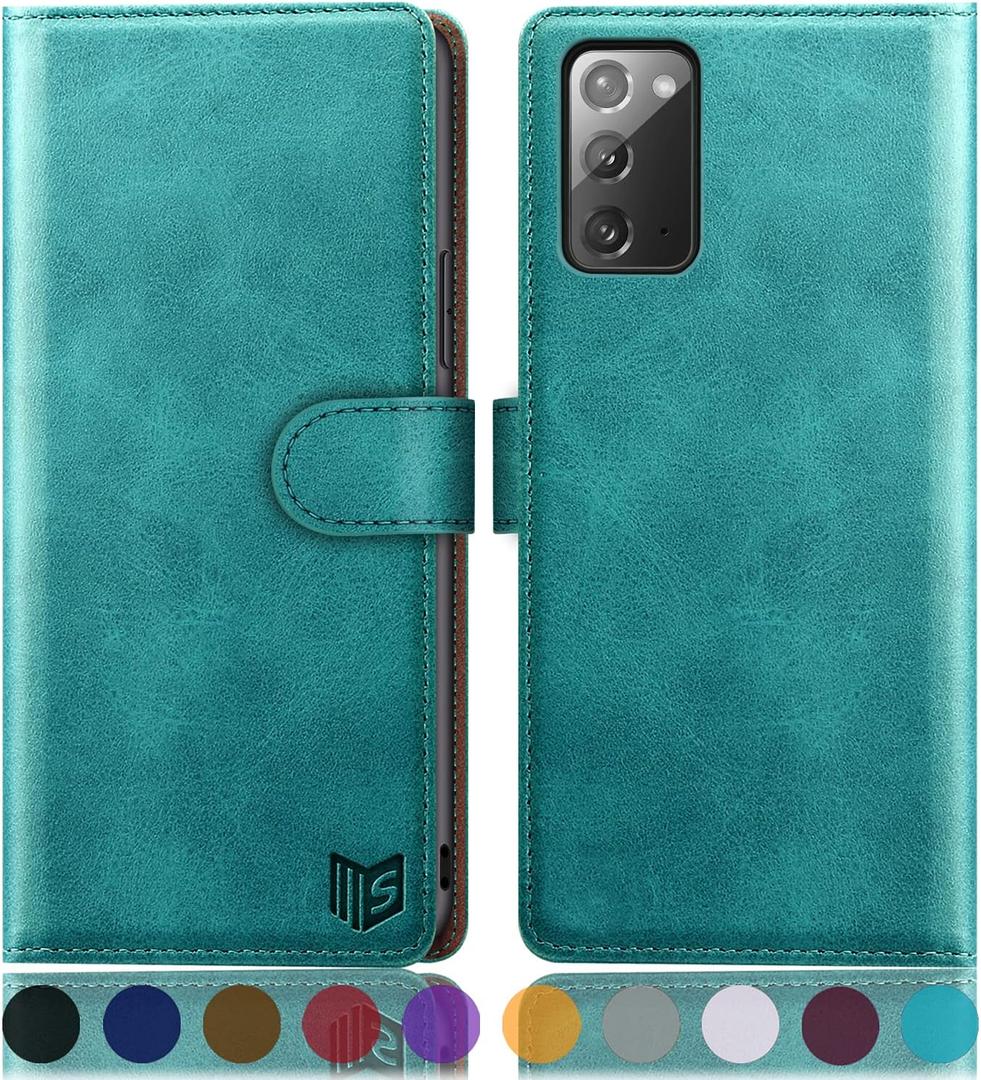 SUANPOT for Samsung Galaxy Note 20 5G 6.7" with RFID Blocking Leather Wallet case Credit Card Holder, Flip Folio Book Phone case Shockproof Cover Women Men for Samsung Note 20 case Wallet Blue Green