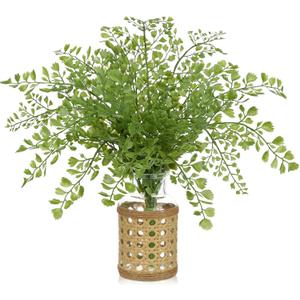 Faux Greenery Stems in Vase Aritificial Fern Plant in Glass Vase with Faux Water & Woven Cover Small Fake Desk Plants Greenery Centerpieces for Farmhouse Kitchen Dinner Tables Shelves Plants Decor