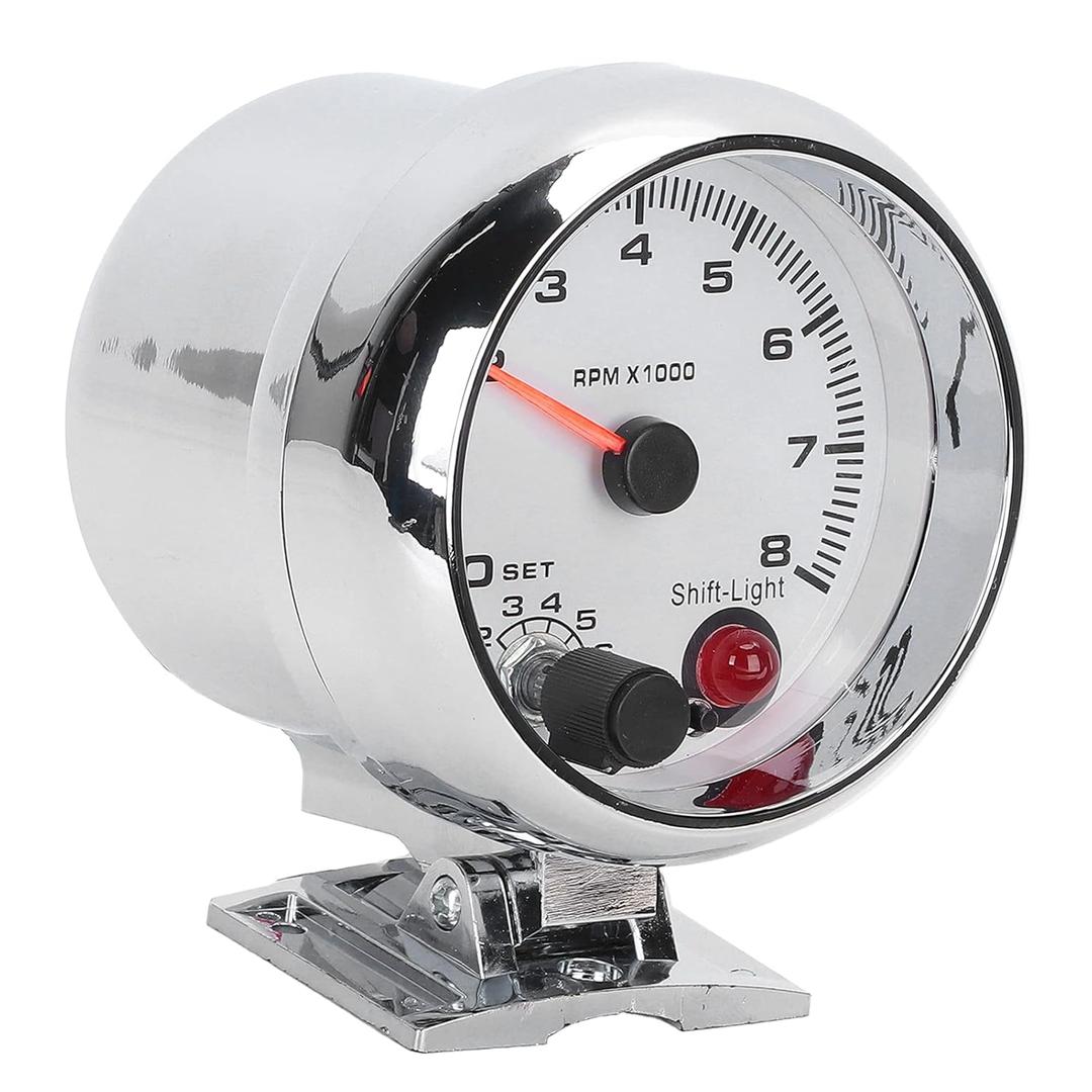 Tachometer 12V for 4/6/8 Cylinder Gasoline Vehicles, 0-8000 RPM, 3.75in, 7 Color Background Lights, Chrome Bracket, White Face