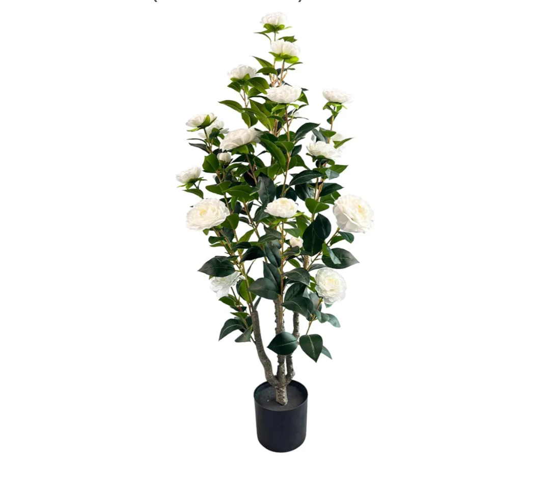 3.4ft Artificial Camellia Tree | White Flowers & Green Leaves | Indoor Outdoor Decor, No Maintenance (1 Pack - White)