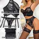 Women's Sexy Lingerie with Waist Garter Embroidered Lace Flower Bra and G-String 4 Piece Lingerie Sets (Black, S)