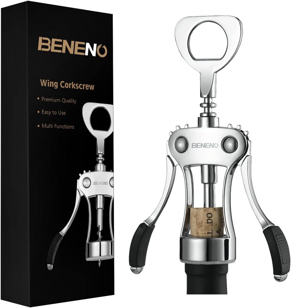 Beneno Opener, Zinc Alloy Premium Wing Corkscrew with Multifunctional Bottles Opener, Sharp Corkscrew with Ergonomic Non-Slip Wing Handle, Upgrade (Silver)
