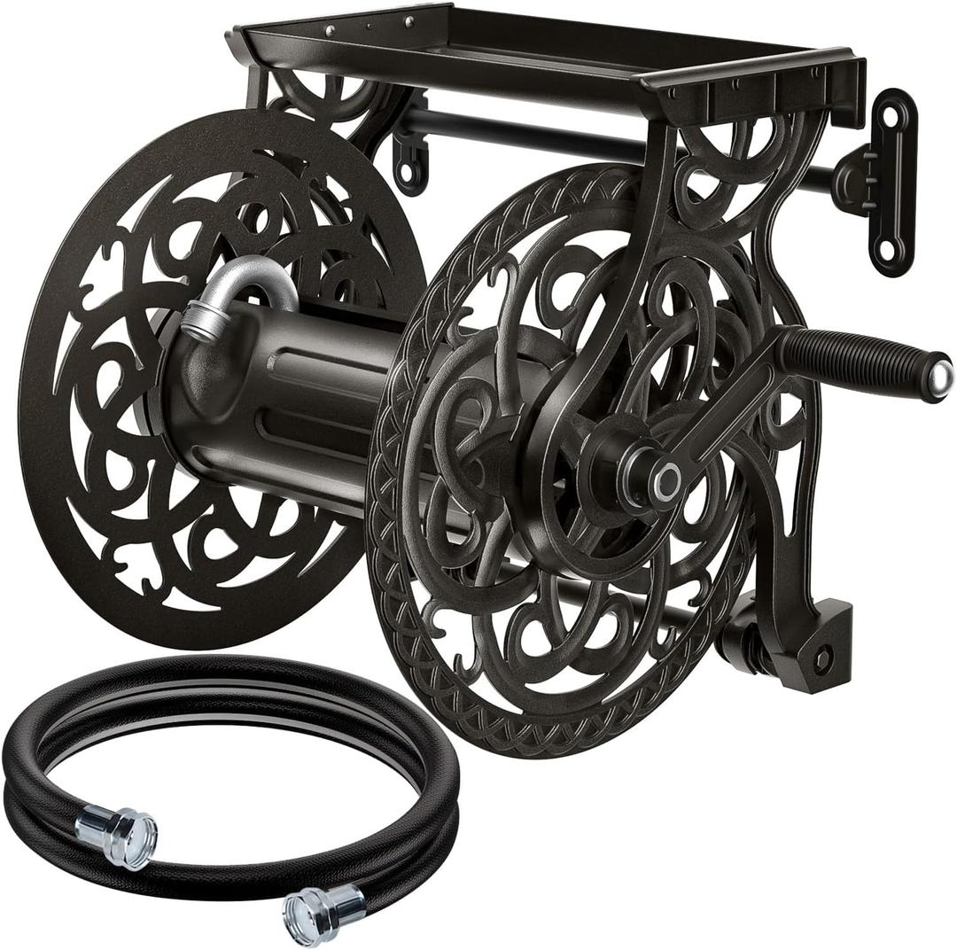 Metal Decorative Garden Hose Reel, Heavy Duty Hose Holder for Outside, Aluminum Frame, No-Leak Aluminum Water System, Easy Assmbly, Wall Mount, Holds 135 ft x 5/8" Hose Storage, Dark Bronze