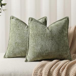 DEZENE Pack of 2 Sage Green Decorative Throw Pillow Covers 18x18 Cozy Soft Chenille Accent Vintage Square Couch Pillow Covers for Home Decor Bed Sofa Living Room