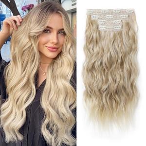 REECHO Clip in Hair Extensions, 4PCS Blonde Hair Extensions 24" Thick Long Beach Waves hair extensions HE003 Invisible Lace Weft Natural Soft Hairpieces for Women  Dark Blonde with Light Ends
