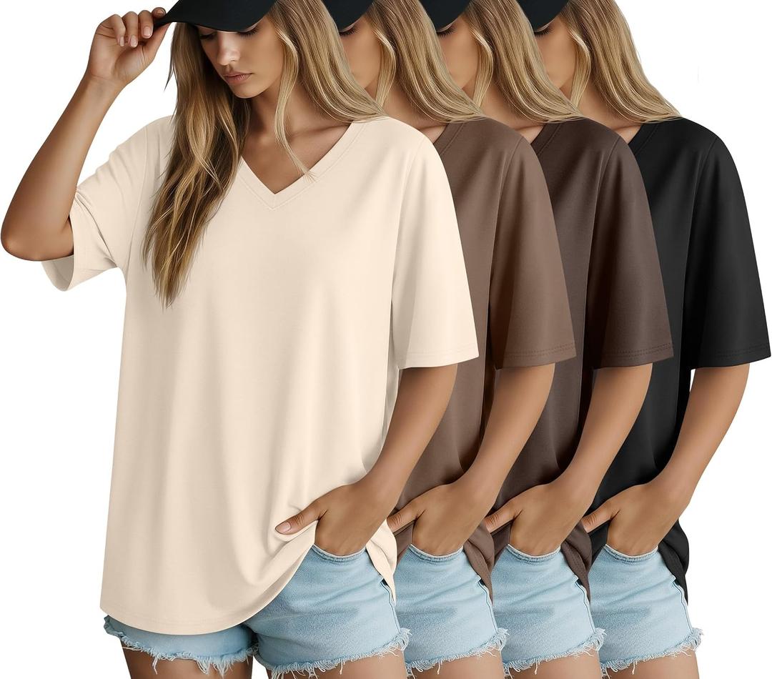 Locoowai 4 Pack Women's Oversized Short Sleeve T Shirts Cotton V Neck Tops Casual Basic Summer Loose Tees Workout Gym Shirts(Black, Dark Brown, Coffee, Cream,X-Large)