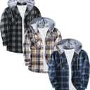 ZITY 3 Pack Men's Flannel Hoodie Shirts Long Sleeve Casual Vintage Button Down Plaid Shirt Jacket with Pocket (Large, Deepbluebeige Navy White)