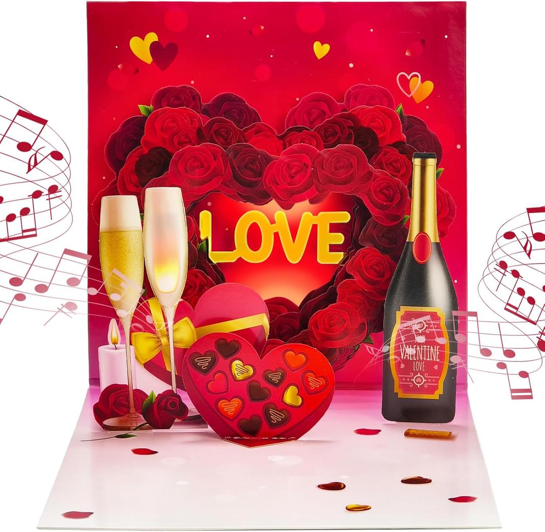 Valentine's Day Cards, Anniversary Card Pop Up Card,Champagne LED light & Music, Valentine card for women and men, music playing Valentine- accompaniment, impresses lovers (Champagne Bubble Red)